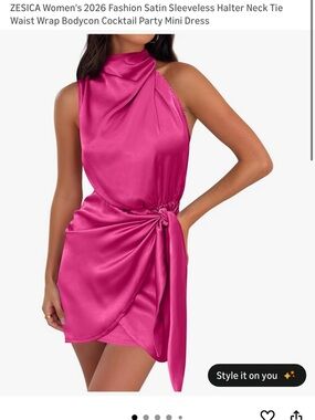 Satin Halter Tie-Waist Mini Dress in Fuchsia